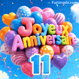 Le grand chiffre bleu 11 est attaché sous un bouquet de ballons flottants. Les lettres en relief forment Joyeux Anniversaire dans le ciel.