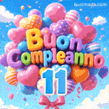 Il grande numero azzurro 11 è attaccato sotto un mazzo di palloncini fluttuanti. Le lettere in rilievo formano Buon Compleanno nel cielo.