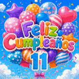 Animación de 11º cumpleaños con el número 11 azul, globos de estrellas y corazones sobre un cielo azul con nubes.