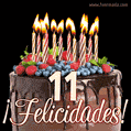 Feliz 11 cumpleaños pastel de chocolate. Imagen (GIF) con pastel y saludo.