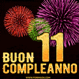 Animazione di fuochi d'artificio colorati con il numero 11 in oro brillante e la scritta 'Buon Compleanno' su uno sfondo nero festivo ed elegante.