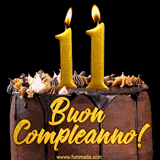 GIF animato con una torta al cioccolato decorata con crema, dettagli dorati e due candele accese che formano il numero 11. Messaggio 'Buon Compleanno' in scritta elegante.