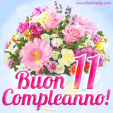 Bouquet animato con rose rosa, margherite e altri fiori colorati, con il numero 11 e la scritta 'Buon Compleanno!' in stile elegante e luminoso.