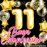 Animazione con palloncini dorati a forma del numero 11, circondati da decorazioni scintillanti e la scritta 'Buon Compleanno!' in caratteri rosa accattivanti.