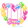 Colorful heart-shaped balloons frame GIF for a 11th birthday celebration