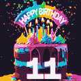 Chocolate cake with number 11 adorned with vibrant multicolored frosting, candles, and a rainbow topper