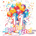 Des confettis animés, des ballons multicolores et un coffret cadeau dans un joyeux GIF de 11e anniversaire