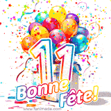 GIF pour un 11e anniversaire avec un grand chiffre 11, des ballons multicolores, des confettis et des rubans, accompagné du texte 'Bonne Fête!' sur un fond festif.