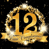 Il numero 12 è circondato da un anello dorato brillante, accompagnato da un nastro elegante con la scritta 'Buon Compleanno!' su uno sfondo scuro.