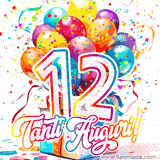 Animazione con palloncini colorati e scintillanti, accompagnata dal numero 12 in caratteri grandi e luminosi, e la scritta 'Tanti Auguri!' in stile vivace.