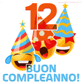 Due boccali di birra sorridenti animati, con il numero 12 e la scritta 'Buon Compleanno!' in caratteri allegri su uno sfondo bianco.