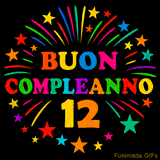 GIF animata 'Buon Compleanno 12' con lettere colorate e fuochi d'artificio