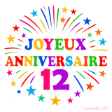GIF animé joyeux anniversaire 12 ans avec étoiles multicolores et feu d’artifice