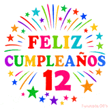 Imagen animada para felicitar los 12 años con letras de colores y diseño festivo.