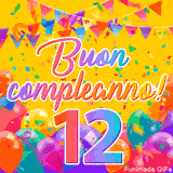 Un GIF animato per un 12° compleanno, Presenta il testo 'Buon Compleanno 12' su uno sfondo giallo vivo con palloncini colorati, festoni e una pioggia di coriandoli.