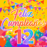 Un GIF animado para un 12º cumpleaños, Muestra el texto 'Feliz Cumpleaños 12' sobre un fondo amarillo vibrante con globos de colores, banderines y una lluvia de confeti.
