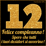 Un GIF animato per un 12° compleanno, Presenta il testo 'Buon Compleanno 12' su uno sfondo giallo vivo con palloncini colorati, festoni e una pioggia di coriandoli.