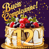 Un GIF animato di una bellissima torta per il 12° compleanno con glassa dorata e frutti di bosco freschi, Il numero dorato 12 è davanti, e stelle cadono su uno sfondo viola scuro.