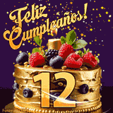 Una animación de celebración de una tarta para el 12º cumpleaños, Estrellas doradas caen del cielo, destacando el texto '¡Feliz Cumpleaños!' y el número dorado 12 en la tarta.