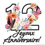 Ce GIF de Joyeux 12ème Anniversaire présente le nombre vingt rempli d'un bouquet vibrant de fleurs animées, avec des papillons qui bougent doucement sur un fond blanc.
