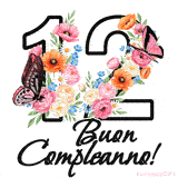 Questo GIF di Buon 12° Compleanno mostra il numero venti riempito con un vibrante bouquet di fiori animati, con farfalle che si muovono dolcemente su uno sfondo bianco.