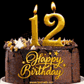 12 Birthday Chocolate Cake with Gold Glitter Number 12 Candles (GIF)