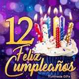 Tarjeta animada 12 años mostrando un pastelito con velas illuminadas y el texto Feliz Cumpleaños sobre fondo deslumbrante.