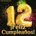 ¡Muy felices 12 años! GIF de texto dorado y fuegos artificiales.