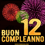 Animazione di fuochi d'artificio colorati con il numero 12 in oro brillante e la scritta 'Buon Compleanno' su uno sfondo nero festivo ed elegante.
