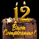 GIF animato con una torta al cioccolato decorata con crema, dettagli dorati e due candele accese che formano il numero 12. Messaggio 'Buon Compleanno' in scritta elegante.