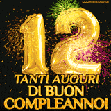 Palloncini dorati a forma del numero 12, accompagnati da scintille e fuochi d'artificio su sfondo nero, con il messaggio 'Tanti auguri di Buon Compleanno!'.