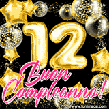 Animazione con palloncini dorati a forma del numero 12, circondati da decorazioni scintillanti e la scritta 'Buon Compleanno!' in caratteri rosa accattivanti.
