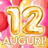 Bouquet animato di palloncini multicolori che emergono da una scatola regalo, con il numero 12 e la scritta 'Tanti Auguri!' su uno sfondo pieno di coriandoli.