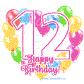 Colorful heart-shaped balloons frame GIF for a 12th birthday celebration