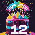 Chocolate cake with number 12 adorned with vibrant multicolored frosting, candles, and a rainbow topper