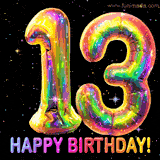 Shiny number 13 birthday celebration balloons with an iridescent glow and glitter on a black background with twinkling stars.