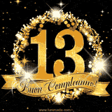 Il numero 13 è circondato da un anello dorato brillante, accompagnato da un nastro elegante con la scritta 'Buon Compleanno!' su uno sfondo scuro.
