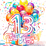 Animazione con palloncini colorati e scintillanti, accompagnata dal numero 13 in caratteri grandi e luminosi, e la scritta 'Tanti Auguri!' in stile vivace.