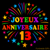 GIF animé 'Joyeux Anniversaire 13' avec des lettres colorées et des feux d'artifice éclatants