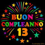 GIF animata 'Buon Compleanno 13' con lettere colorate e fuochi d'artificio