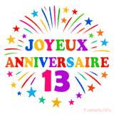 GIF animé joyeux anniversaire 13 ans avec étoiles multicolores et feu d’artifice