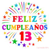 Imagen animada para felicitar los 13 años con letras de colores y diseño festivo.