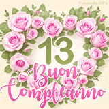 GIF per il 13° compleanno con un cuore di rose rosa e scritta elegante