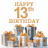 Festive animated eCard with elegant 'Happy 13th Birthday' text above a pile of luxurious blue, white, and gold gift boxes and presents.