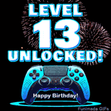 Animated GIF for a 13 birthday. The text 'Level 13 Unlocked!' and 'Happy Birthday!' are displayed over a blue video game controller with exploding fireworks in the background.
