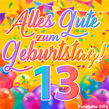 Eine festliche Animation zum 13. Geburtstag, Die Worte 'Alles Gute zum Geburtstag' und die Zahl '13' sind in einer bunten Schriftart gehalten, umgeben von Partyballons und Konfetti.