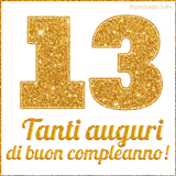 GIF animata per un 13° compleanno, Mostra il numero 13 in grandi caratteri dorati pieni di glitter scintillante, Sotto, la scritta 'Tanti auguri di buon compleanno!' in un elegante oro.