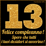 Un GIF animato per un 13° compleanno, Presenta il testo 'Buon Compleanno 13' su uno sfondo giallo vivo con palloncini colorati, festoni e una pioggia di coriandoli.