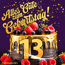 Eine köstlich aussehende animierte Geburtstagskarte für den 13. Geburtstag, dekoriert mit Erdbeeren, Blaubeeren und goldenen Details, Sterne funkeln und fallen, mit 'Alles Gute zum Geburtstag!'-Text.