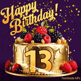 A delicious-looking animated birthday card for a 13th birthday, decorated with raspberries, blackberries, and gold details, Stars sparkle and fall, with 'Happy Birthday!' text above.